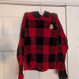 Red and Black Plaid Soft Hoodie with Bear Patch